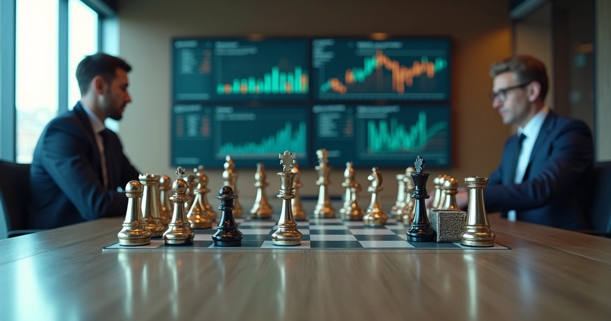 Chessboard with commodities and risk dashboard screens 