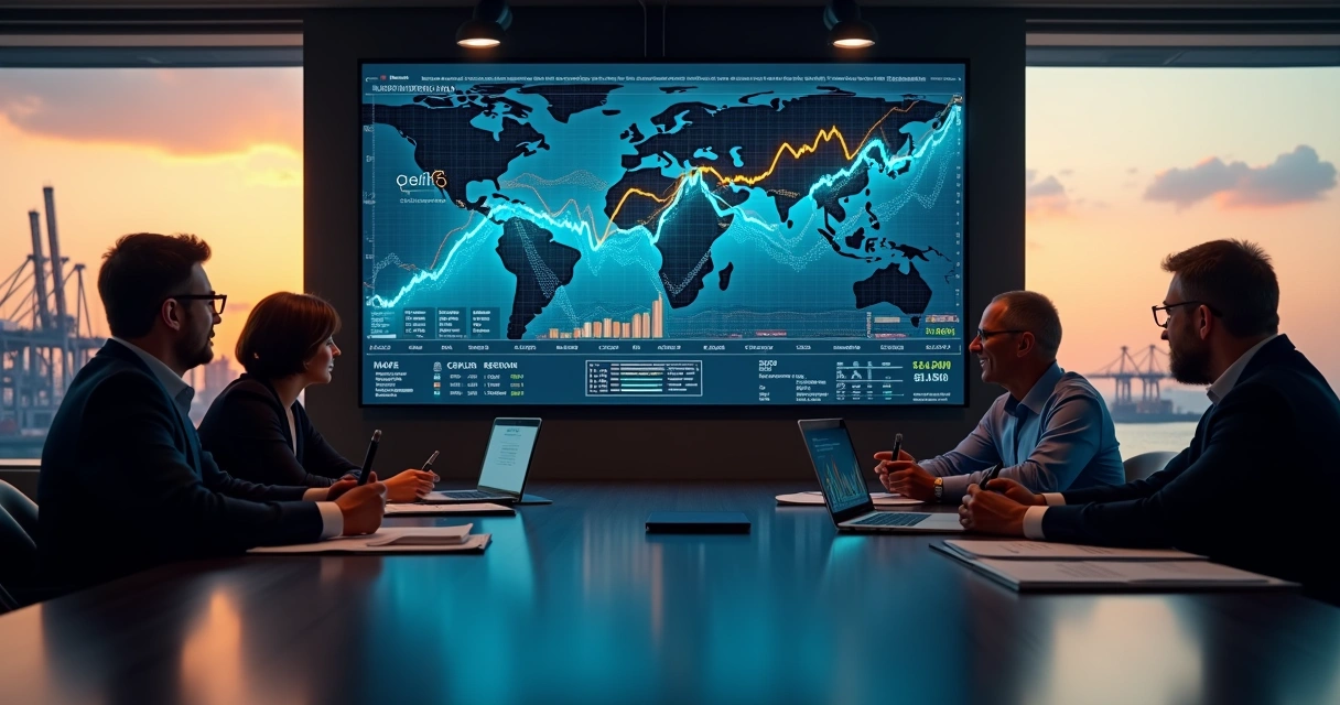 Executives in boardroom reviewing commodity risk charts on large digital wall display 