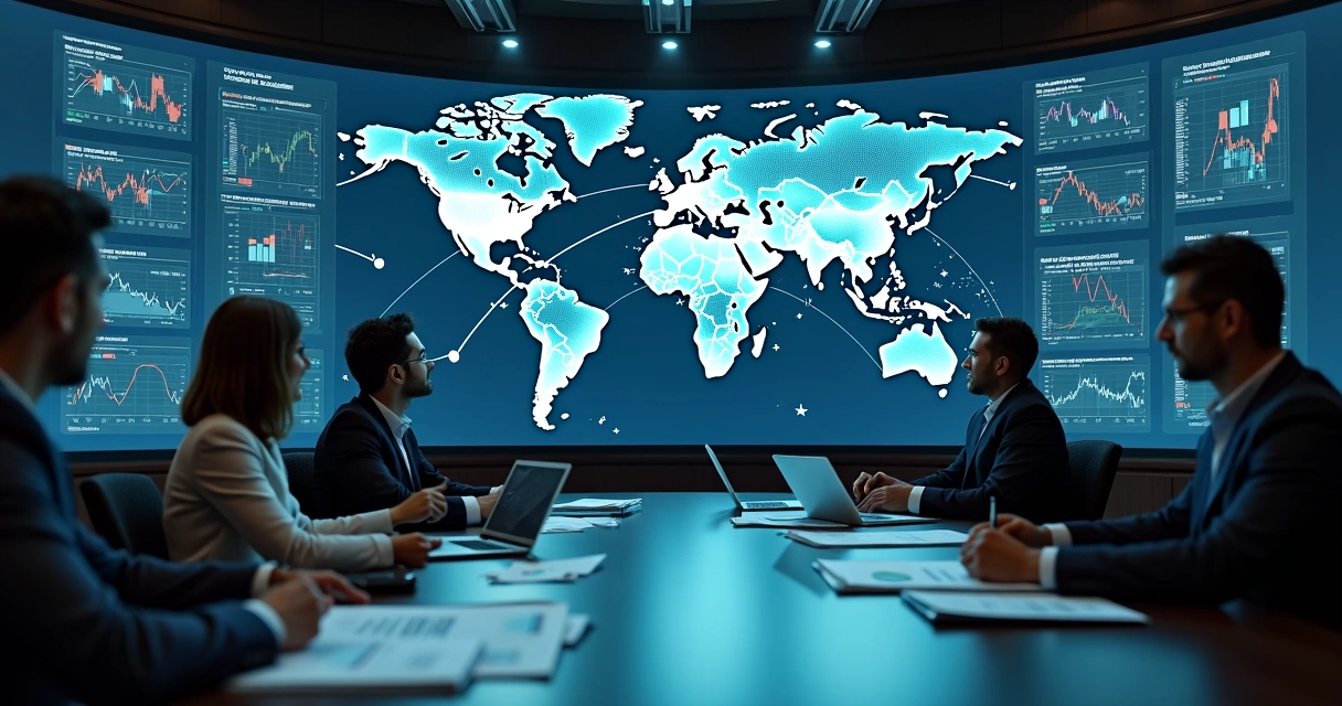 Global commodities risk dashboard on wall in modern treasury room 
