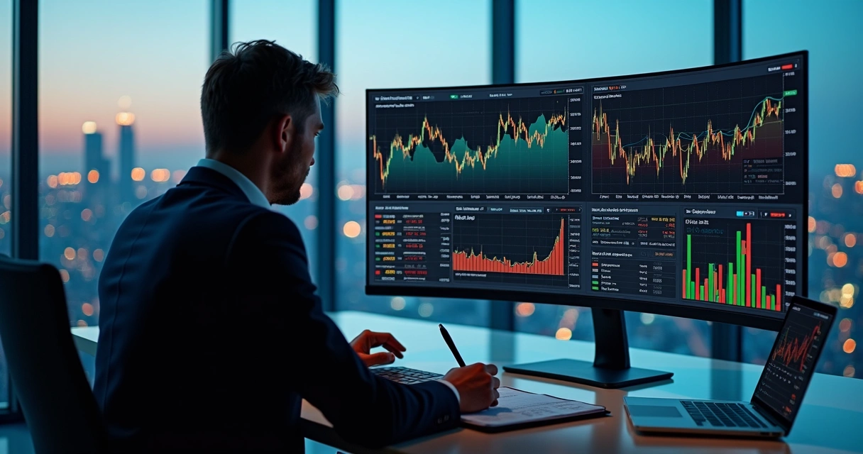 Executive monitoring commodity risk on digital trading dashboard 