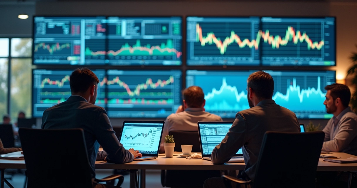 Commodity risk managers at digital screens analyzing market data 