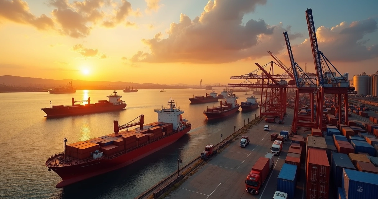 Bulk carriers unloading grain and containers at a port 