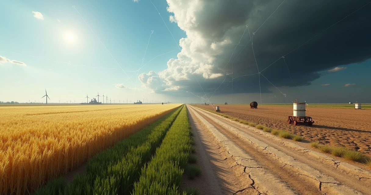 Commodity field split between calm and storm symbolizing stress testing risk scenarios 