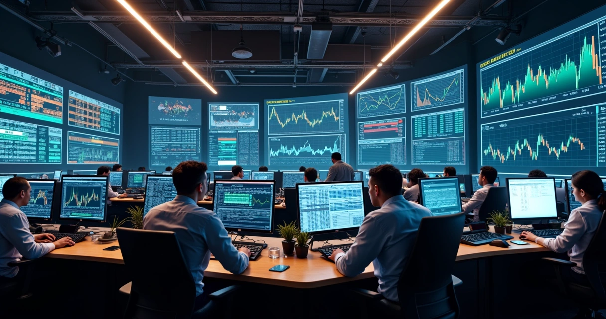 Commodity trader's desk with monitors displaying commodity prices and mark-to-market valuations