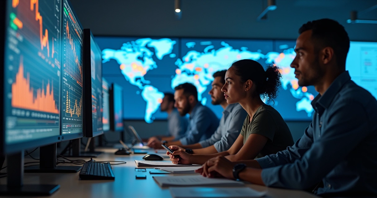 Traders working at a modern commodity trading desk 