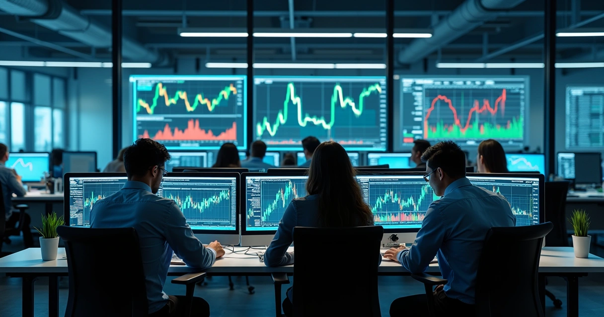 Financial professionals and AI systems analyzing commodity market screens together 