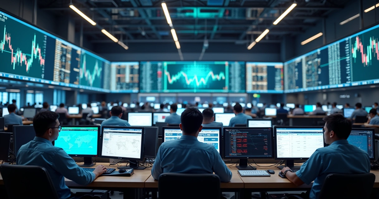 Modern trading floor with screens showing commodity prices and analytic charts 