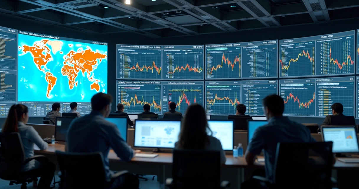 Trading room with multiple screens showing supply chain, trades, and market analysis 