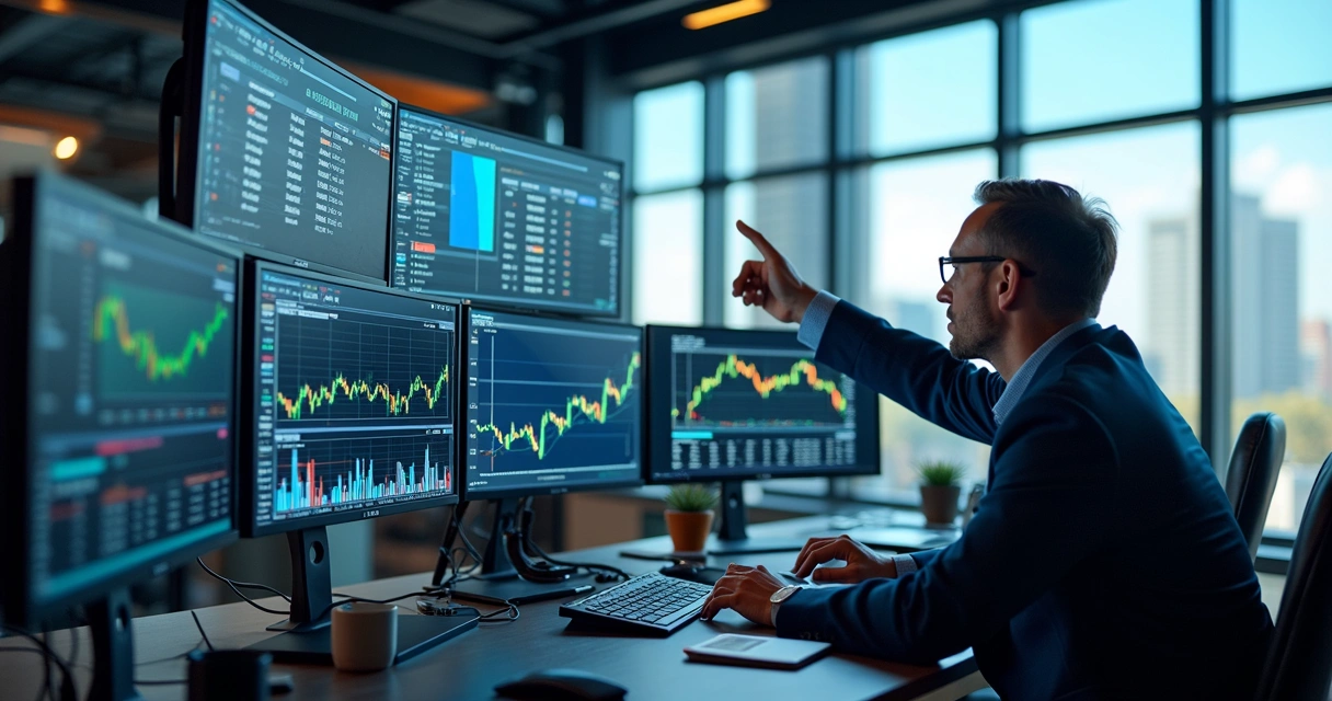Commodity trading team analyzing market data with digital screens 
