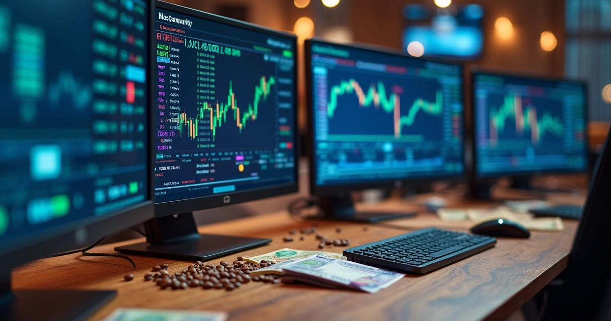 Commodity trading desk with screens and currency notes. 