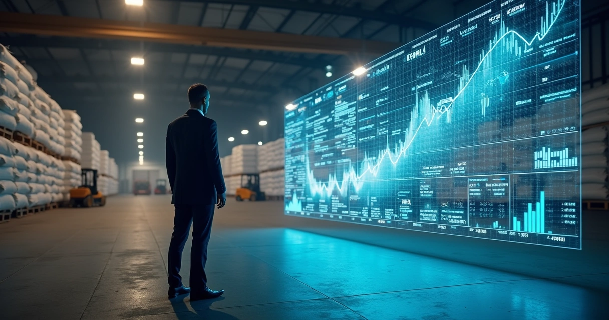 CFO comparing commodity warehouse stacks to digital hedging charts on transparent screen 