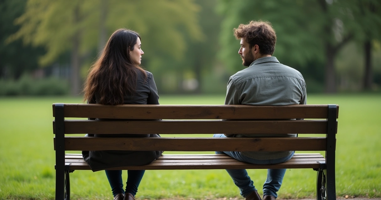 Two people sitting apart on a bench, looking away from each other