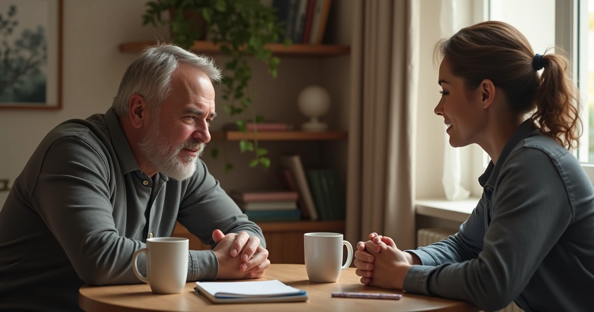 Two people in conversation, one tense, one calm
