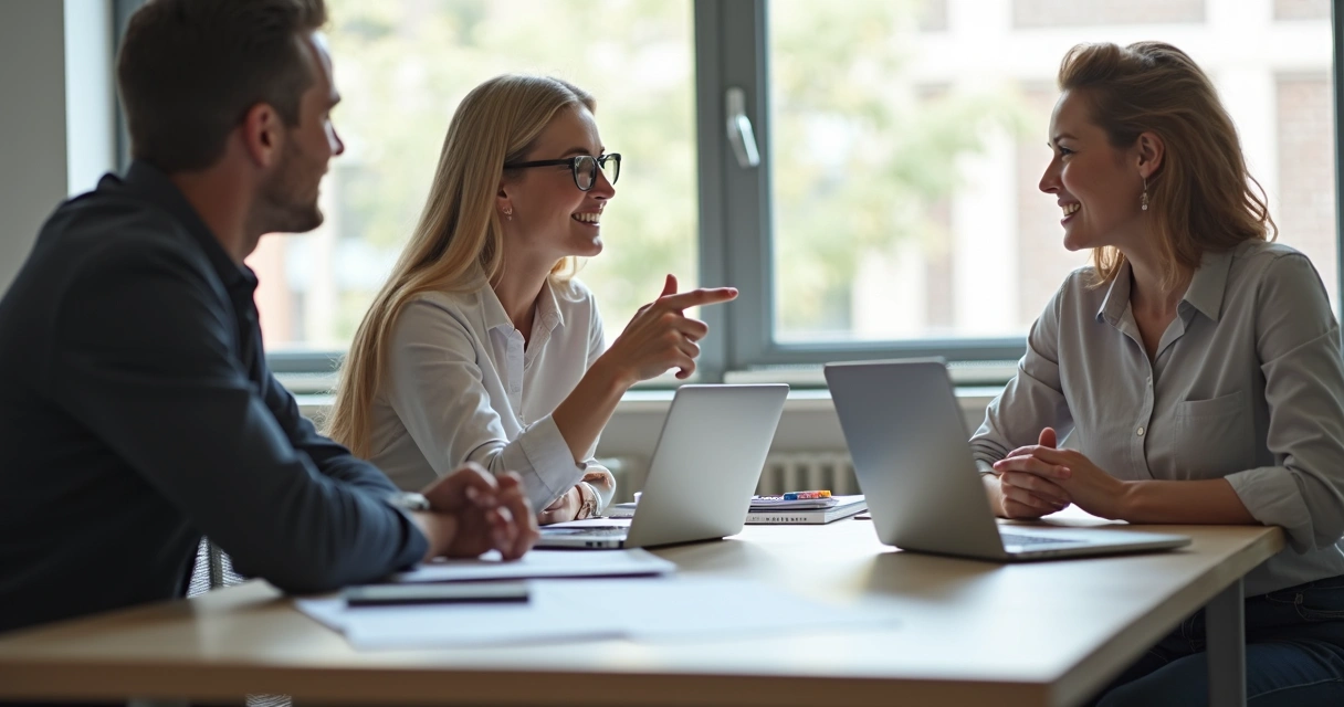 Three people in an office confirming understanding with notes and gestures 