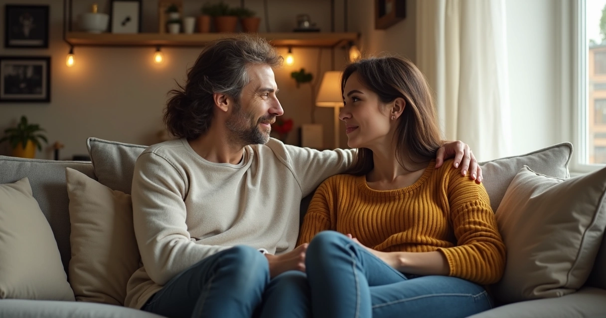 Couple talking openly sitting on a couch