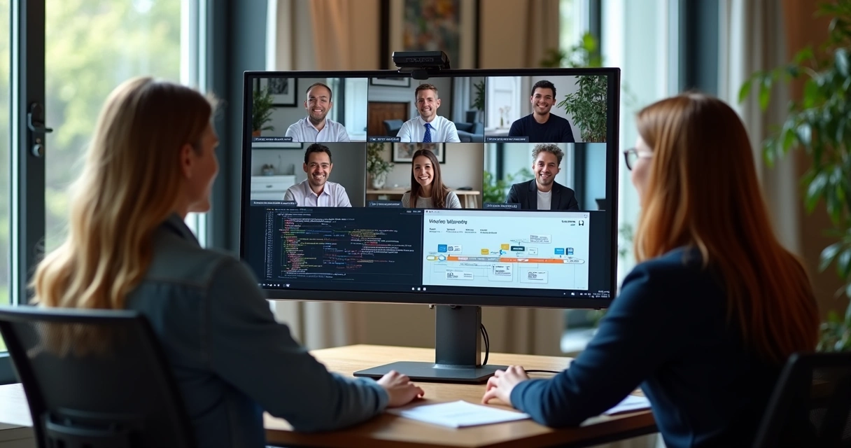 Remote team discussing on video call screen, code visible