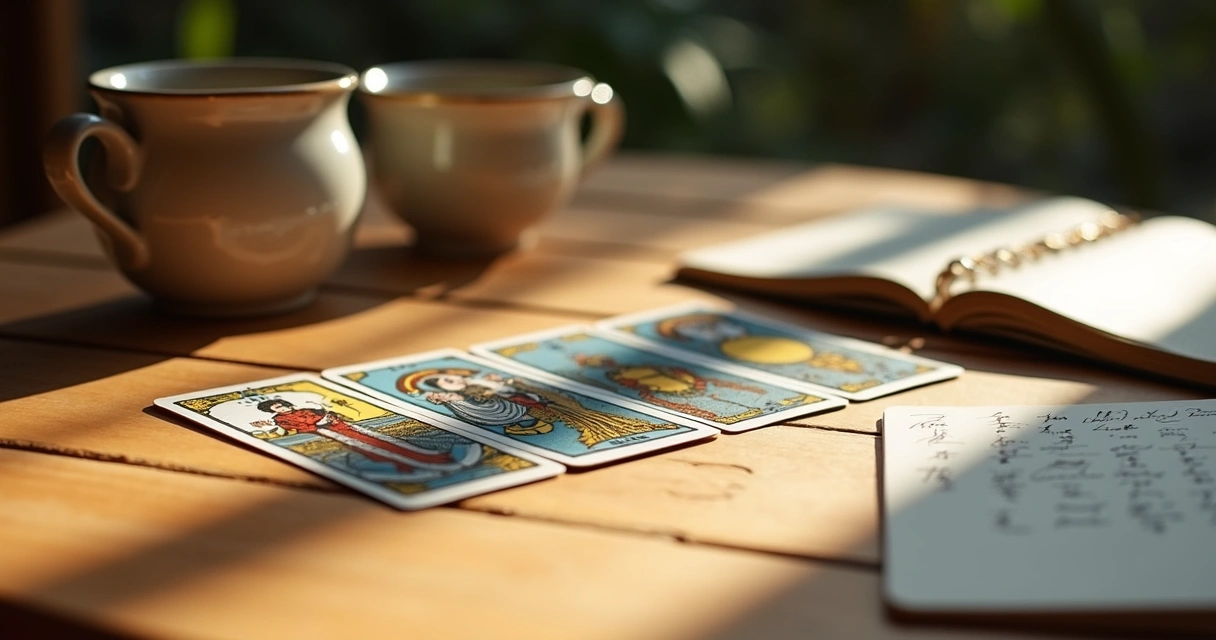 Four tarot cards in a line with a notebook and two cups of tea beside them on a sunny table 