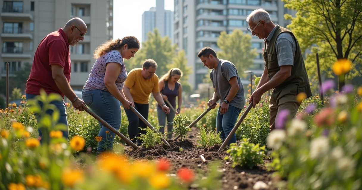 Group planting trees together in urban garden 