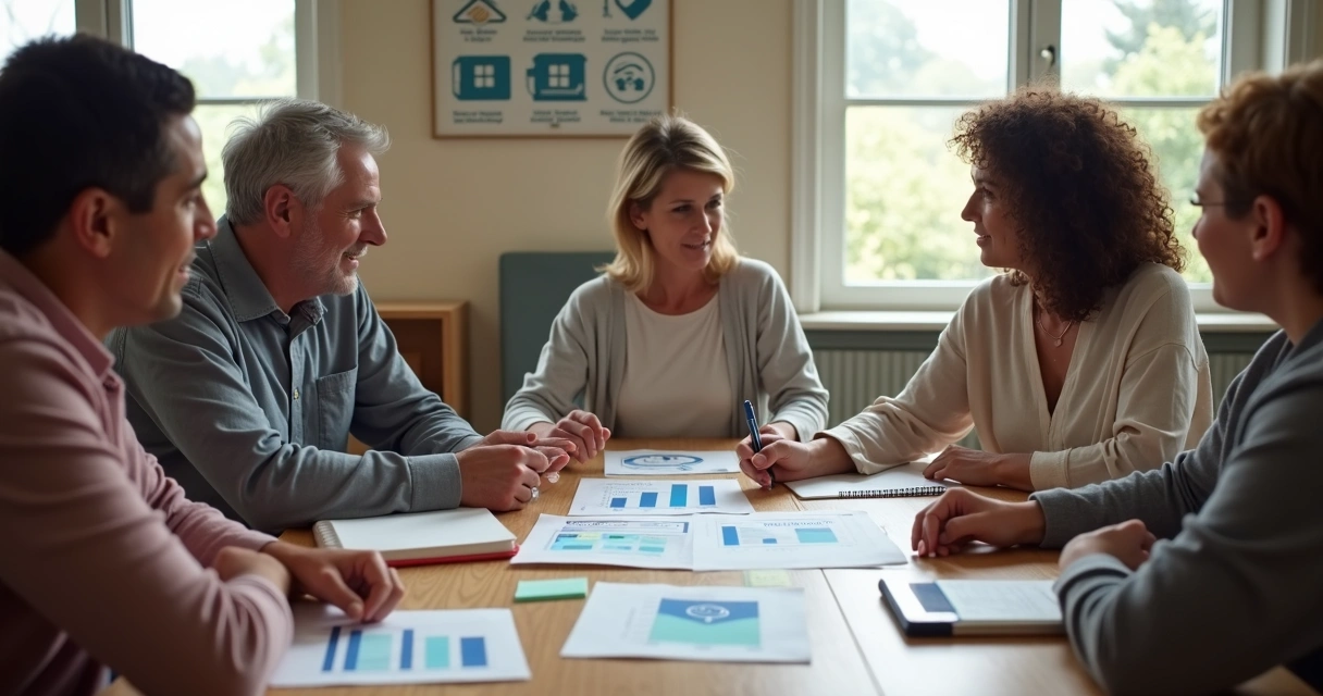 People reviewing community budget charts at a table