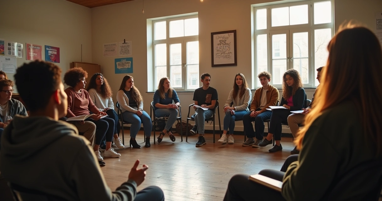 Youth activists sitting in a reflection circle after a public event 