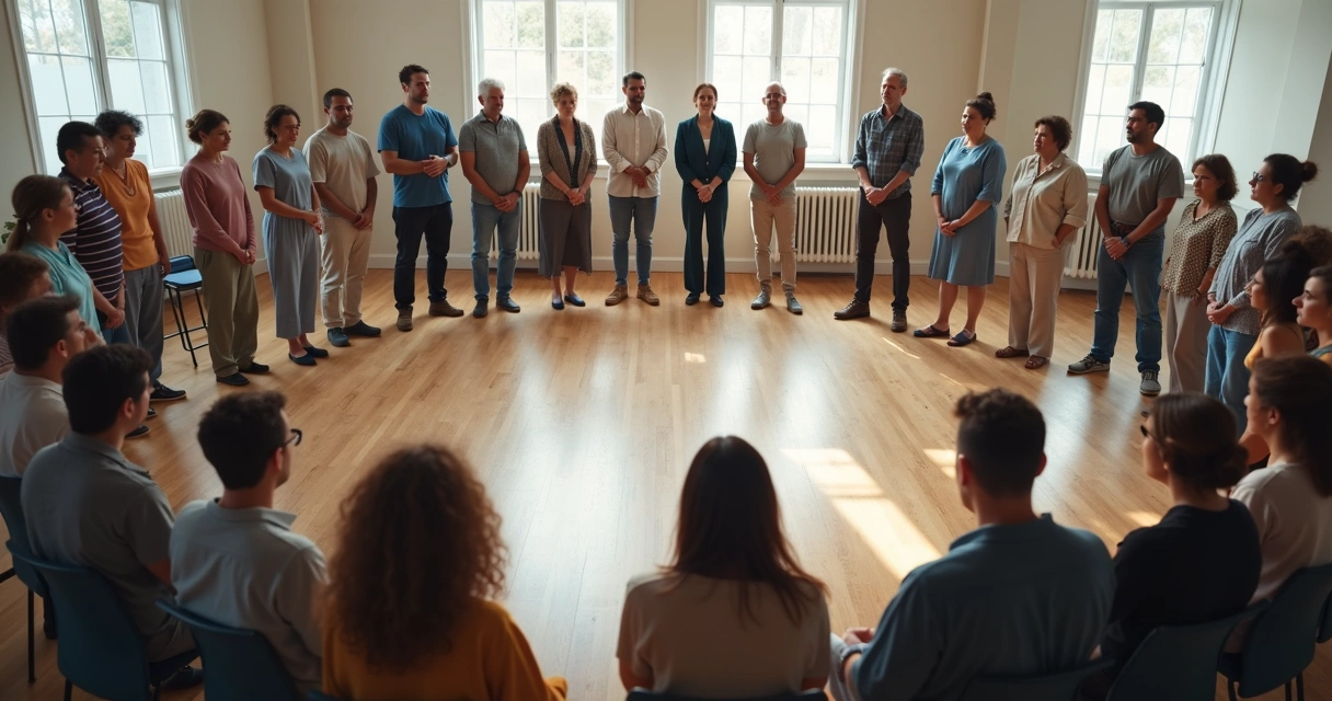 People standing in a circle during a guided group process 