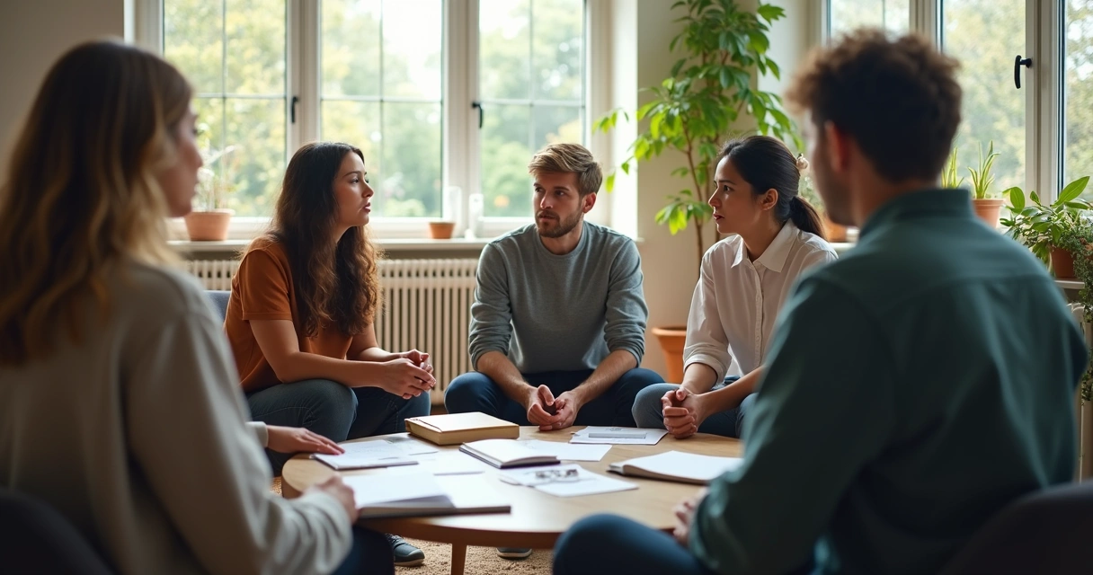 Small group in a circle in a discussion setting 