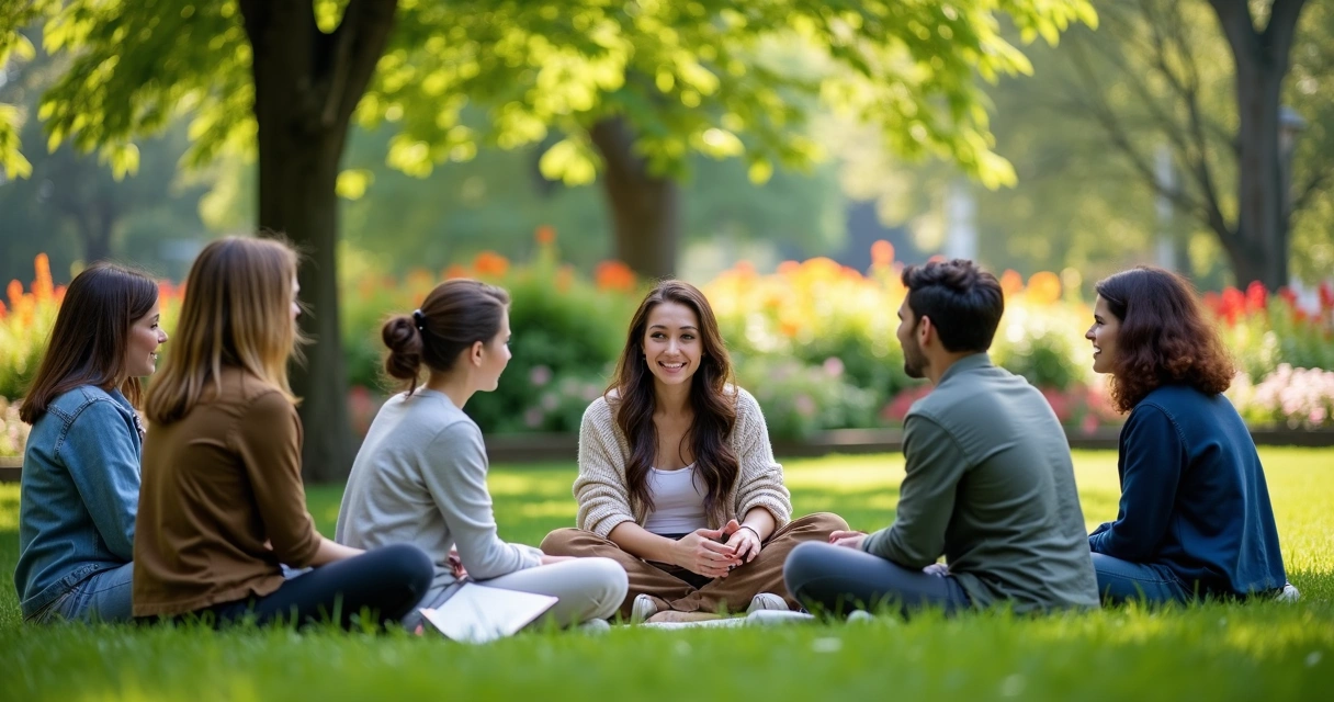 People in a circle outdoors, engaged in open conversation, with relaxed body language. 