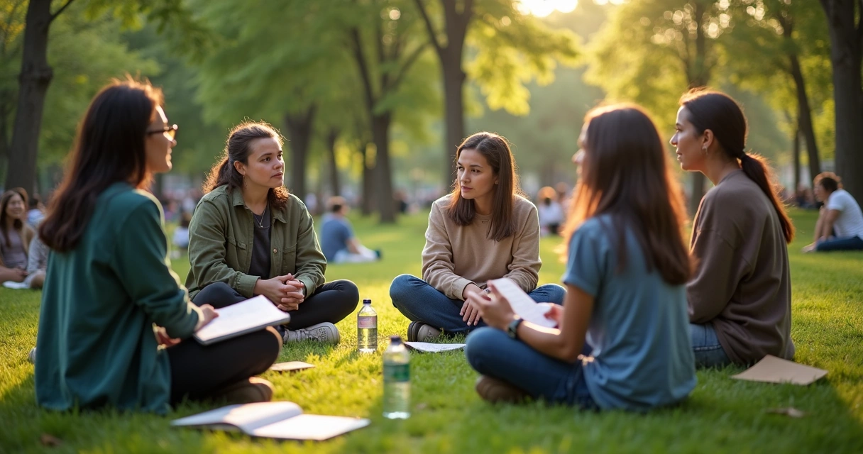 Small community circle in a calm discussion outdoors 