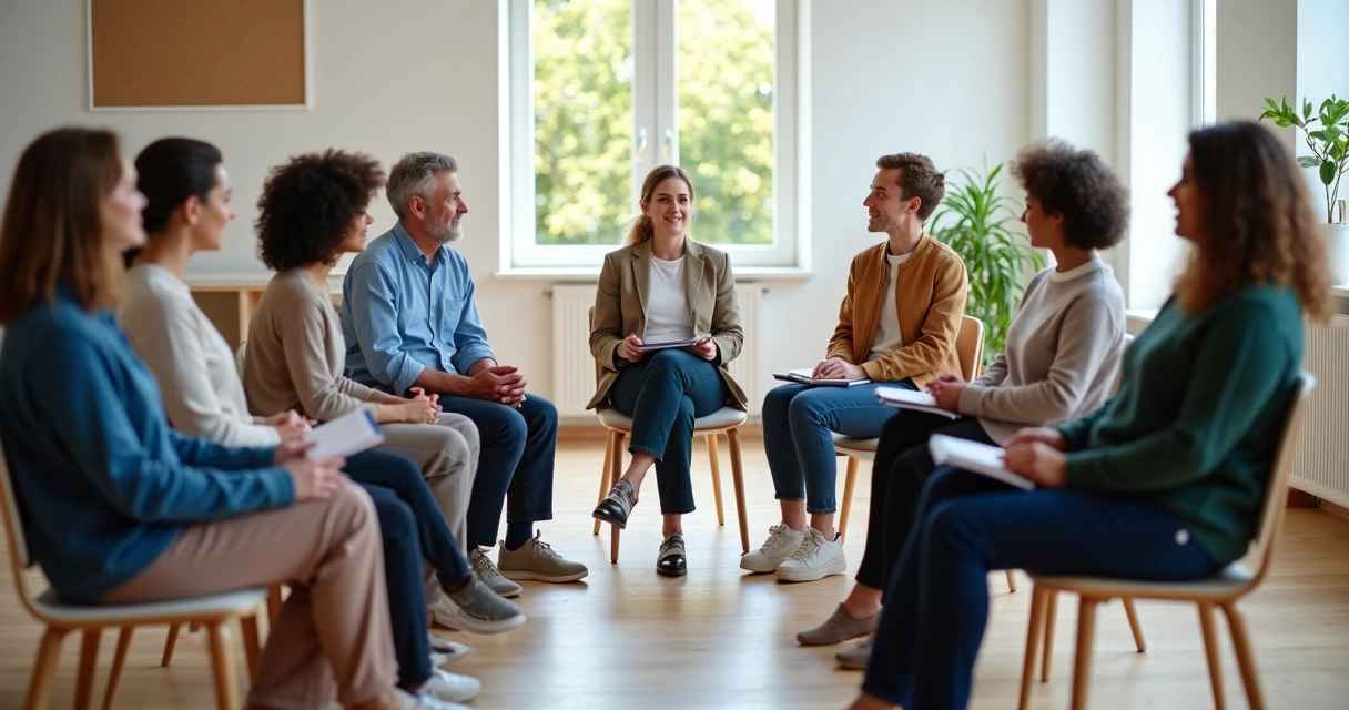 People seated in a circle listening during a community dialogue 