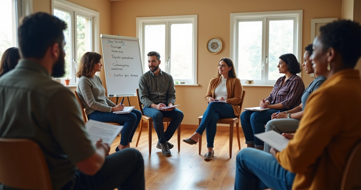 Community team in a circle meeting indoors 