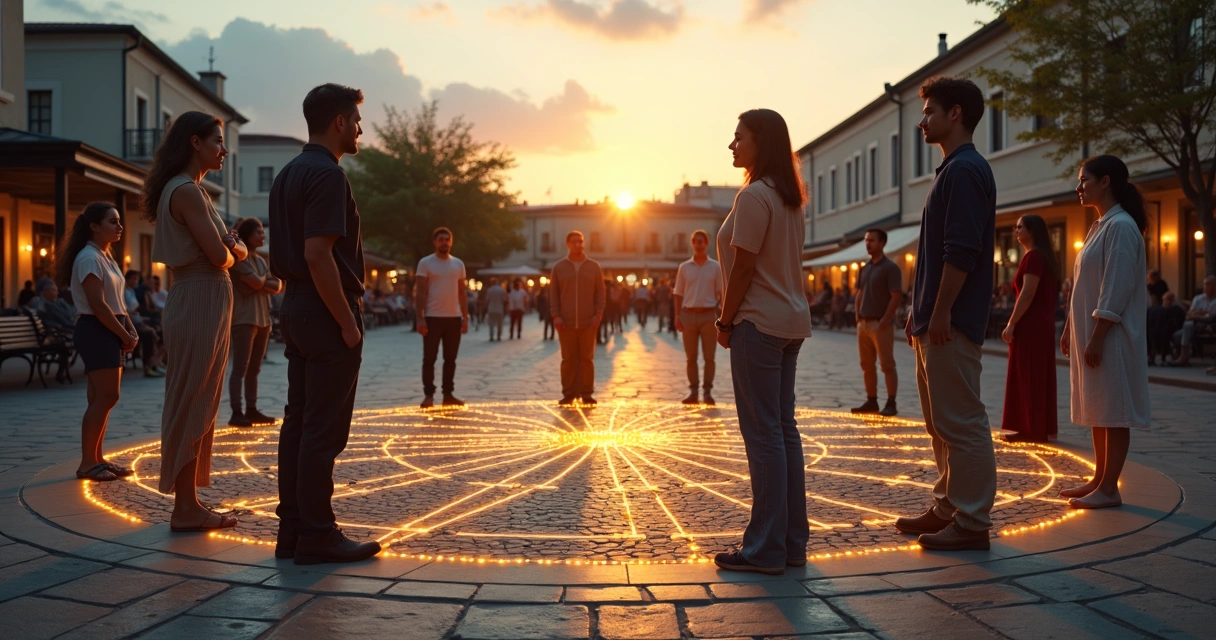 Group standing in circle connected by lines of light in a town square 