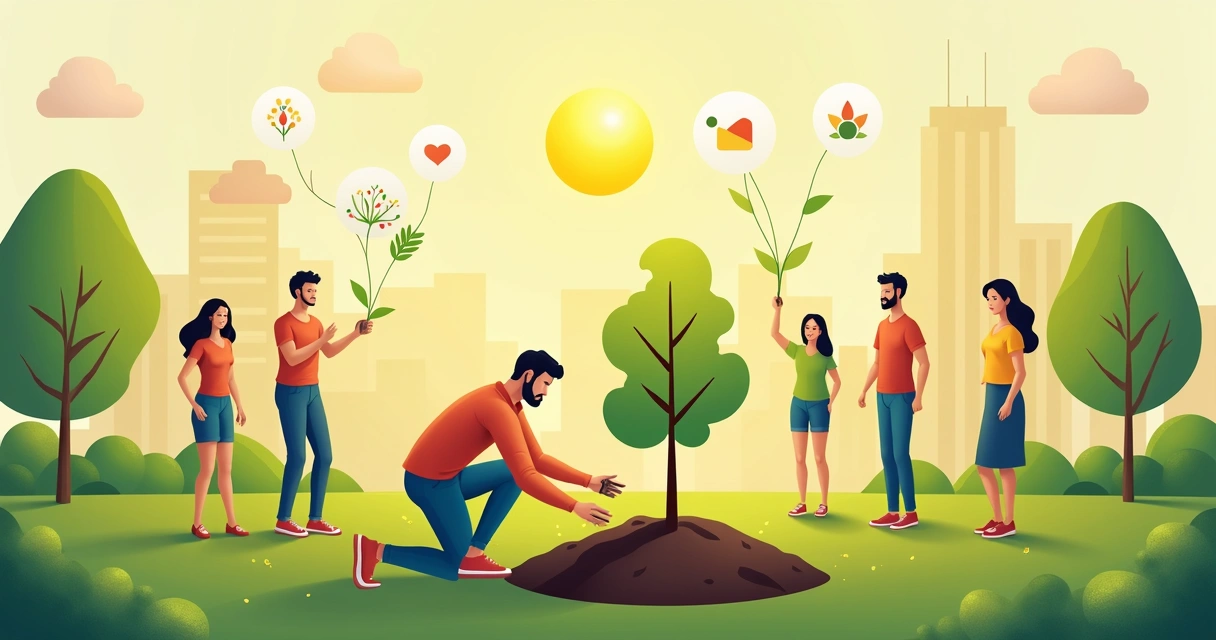 Person planting tree in a park surrounded by community life wheel icons 