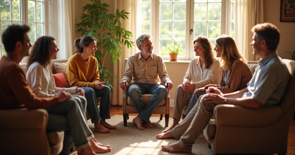Group of diverse people sitting in a circle talking 