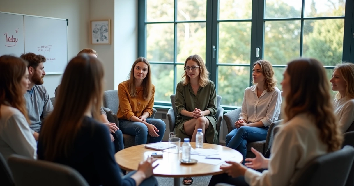 Small community group engaging in heartfelt discussion, seated in a circle indoors