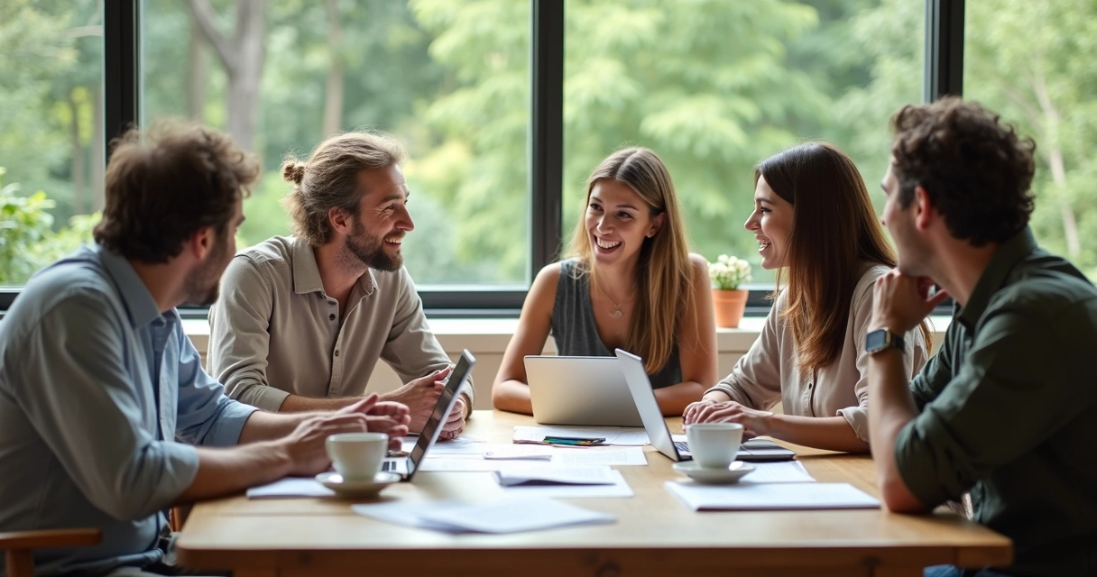Group of five people discussing around a table with papers and coffee cups 