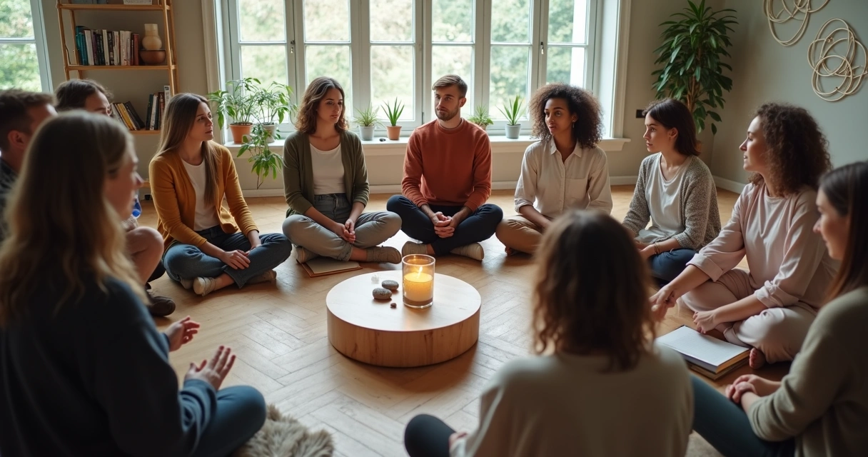 Diverse group sitting in a circle practicing calm emotional dialogue 