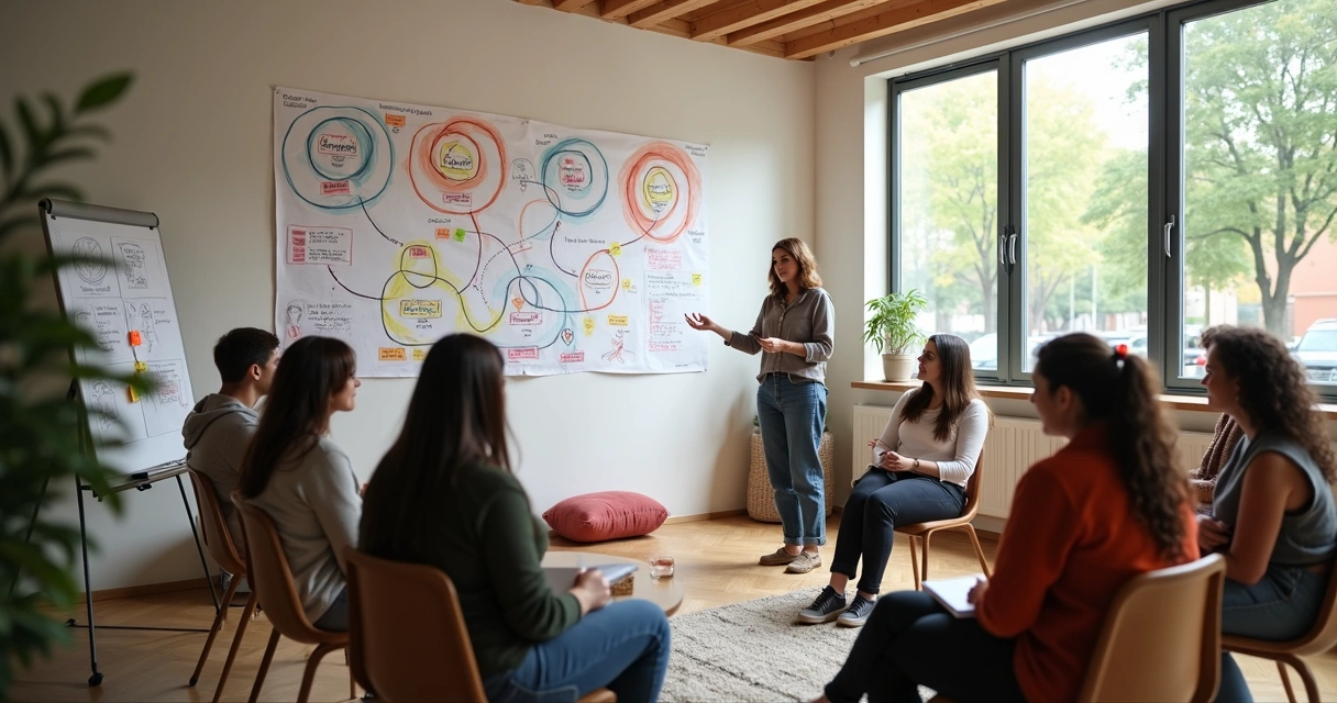 Community circle workshop with emotional feedback visuals on wall 