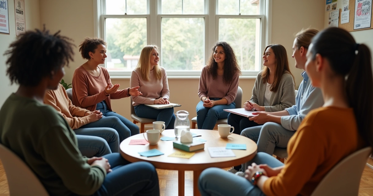 Community volunteers in a circle offering quiet emotional support 