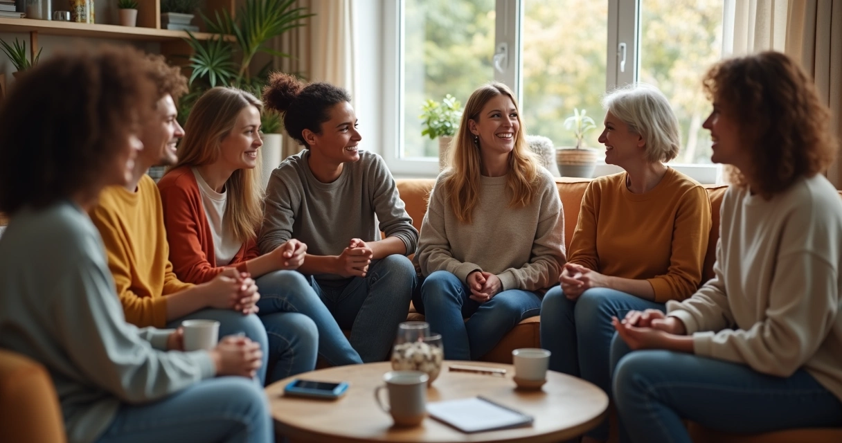 Group of diverse people sitting in a meeting circle with open, engaged body language