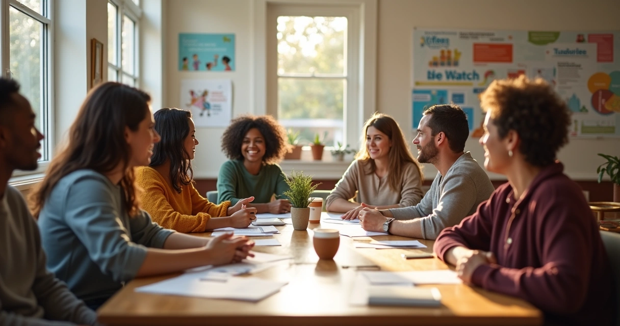 People from diverse backgrounds gathering around a table for a community discussion 