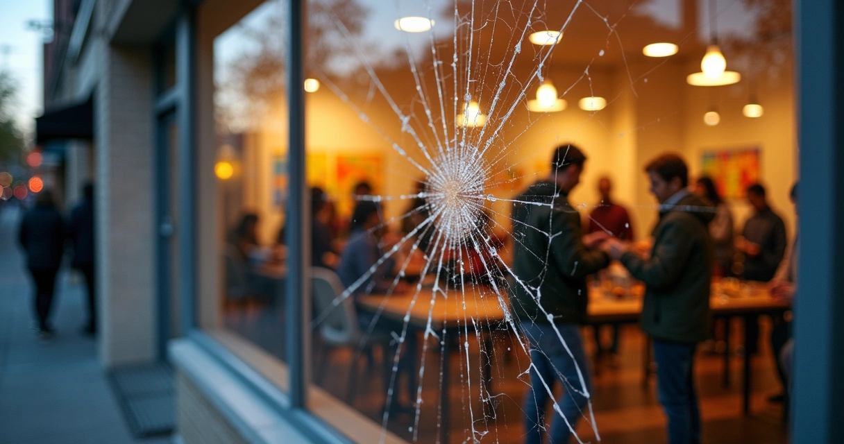 Community scene reflected in cracked glass showing isolated silhouettes 