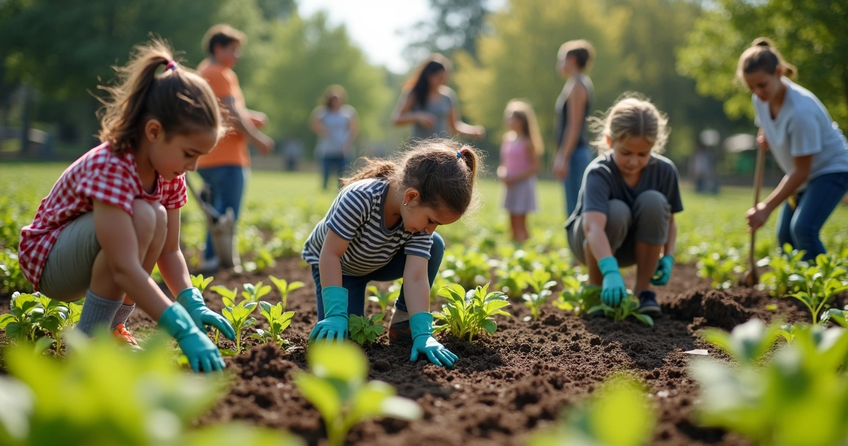 People cleaning and planting in a large community garden. 