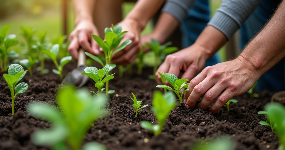 Hands tending plants in a shared garden