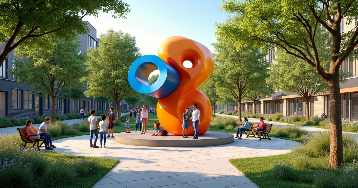 Children playing near large park sculpture 