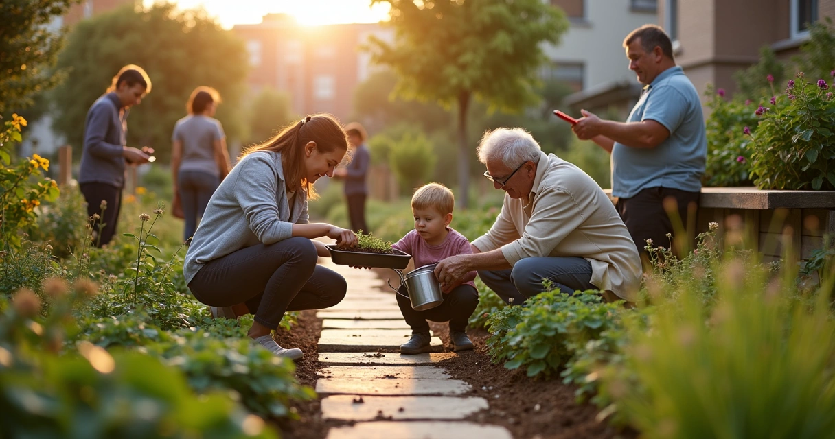 Community members of different ages tending plants together in an urban garden at sunset 