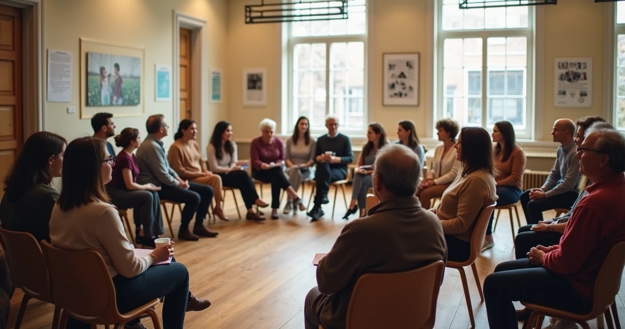People gathered in a community support circle indoors