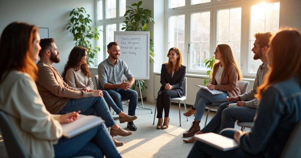 Diverse group giving feedback in a circle setting