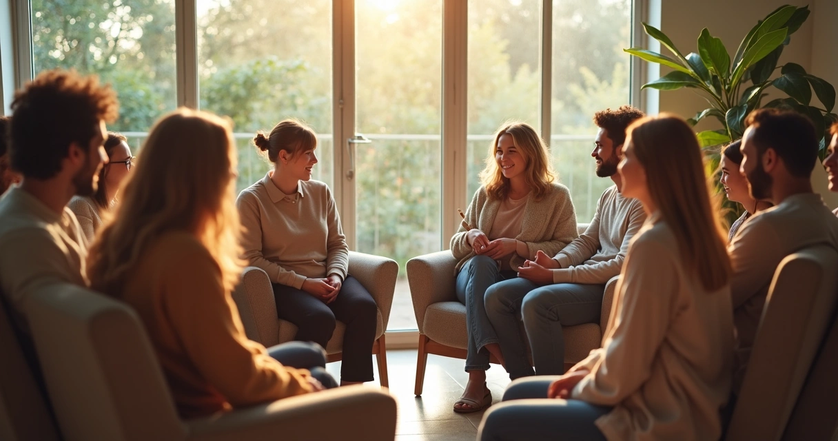 Support group of people in a circle sharing stories