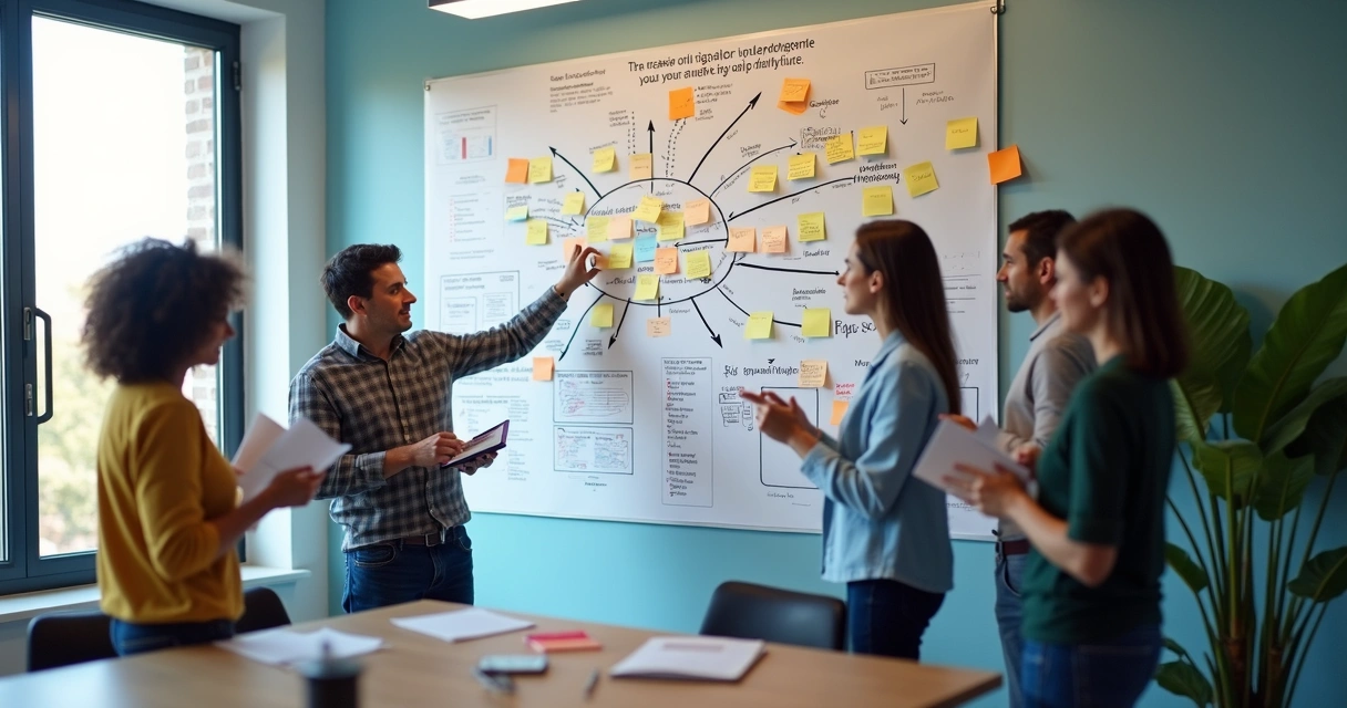 Team reviewing a social impact map on a wall