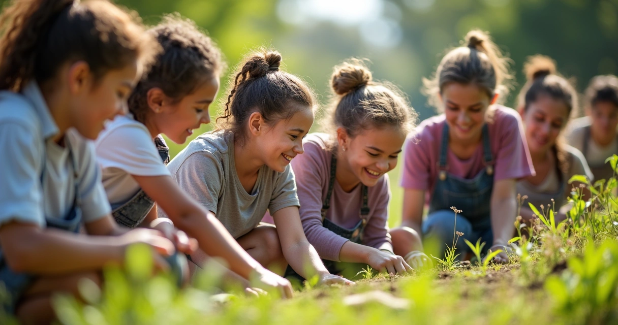 Community volunteers working together in an outdoor project 